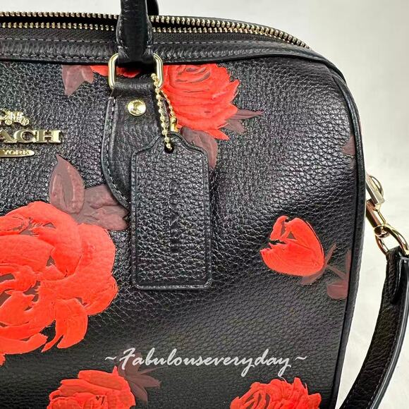 Coach Rowan Large Satchel Bag With Floral Print In Leather/Black/Red CCE27 NWT - Picture 6 of 9